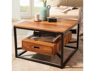 Finebuy table basse de salon sheesham bois massif et métal 60x60x40 cm carré | petite table de canapé avec tiroir marron | design table d'appoint style industriel avec rangement