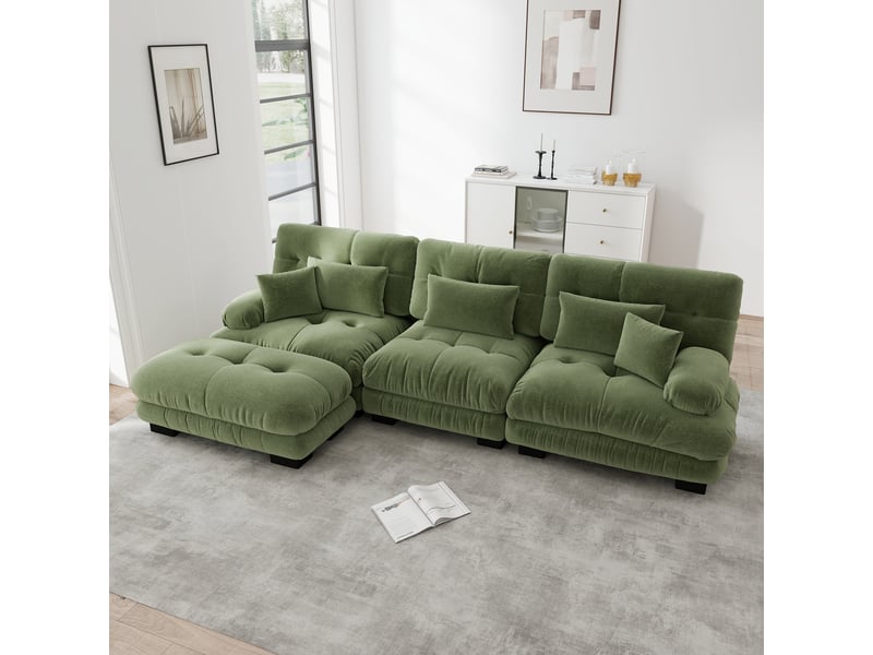  Canapé d'angle modulaire convertible avec ottoman, assise profonde et coussins, en chenille vert  - Conforama B