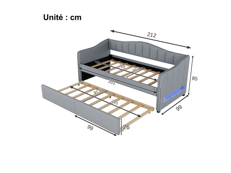  Lit gigogne 90x200 cm - lit simple avec lit tiroir et sommier - lin + mdf - sans matelas - gris  - Conforama C