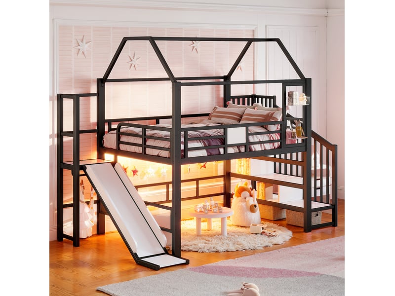  Lit mezzanine enfant 140x200 avec toboggan et led bluetooth homvra  - Conforama B