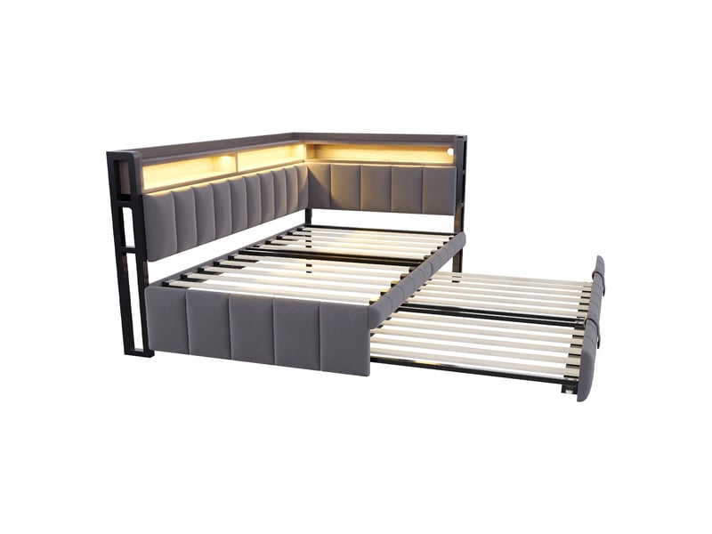 Canapé-lit 90 x 200 cm – avec lit gigogne – avec éclairage led – avec ports usb et type-c – gris foncé (matelas non inclus) - Conforama R