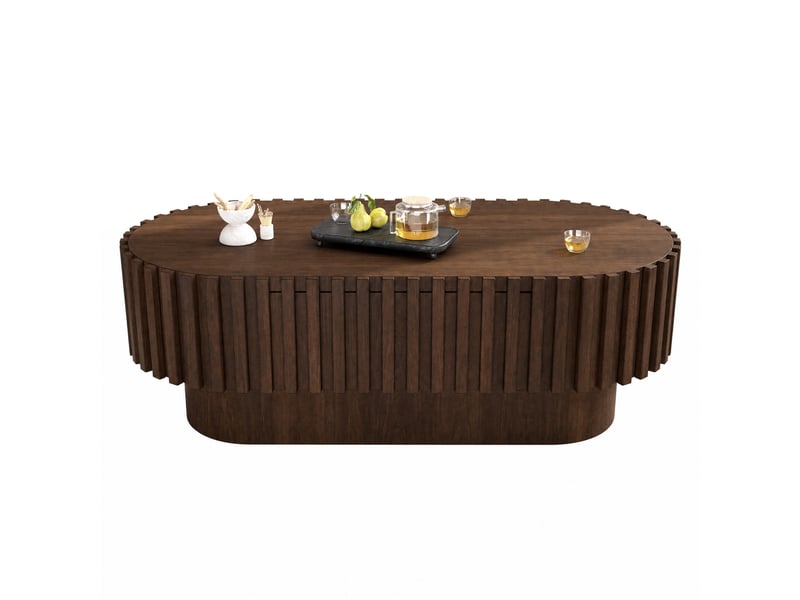  Table basse ovale avec tiroir et décor à lamelles verticales en mdf couleur noyer foncé pour salon 100 × 50 × 35,5 cm  - Conforama A