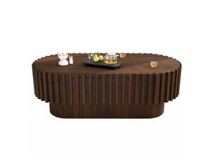 Table basse ovale avec tiroir et décor à lamelles verticales en mdf couleur noyer foncé pour salon 100 × 50 × 35,5 cm