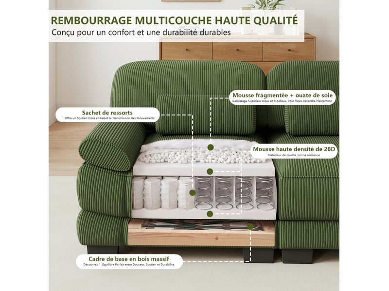  Canapé modulable en u modenvie 4 places avec 2 poufs, velours côtelé vert, 336 x 161 x 94 cm  - Conforama E