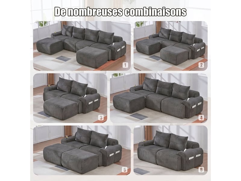 Canapé modulaire 3 places avec pouf gris foncé - 268 x 174 x 80 cm avec porte-gobelet intégré - Conforama W
