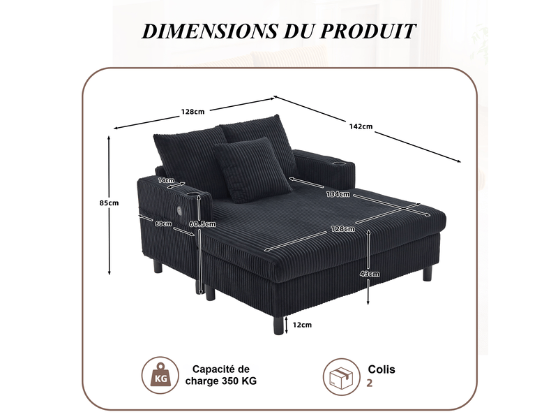  Fauteuil relax fixe noir en velours côtelé 142 x 128 x 85 cm, usb, led multicolore et porte-gobelets, salon chambre 142x128x85cm - Conforama C