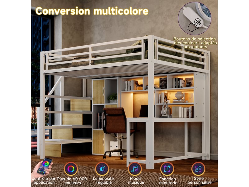  Lit mezzanine 140 x 200 cm - avec échelle de rangement - avec compartiments de rangement - avec bande lumineuse led - blanc (matelas non inclus)  - Conforama W