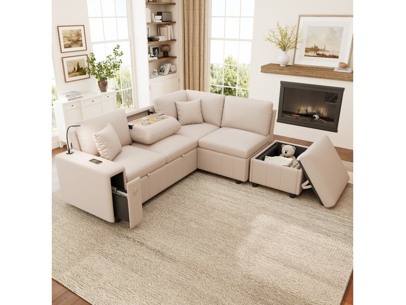 Canapé d'angle 213x184x88cm, table rabattable, ports usb, lampe de lecture, pouf, meuble de salon, matière lin, beige - Conforama E