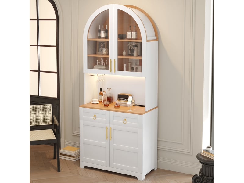Buffet 80x40x180 cm avec vitrine en verre cintrée, éclairage led, prise intégrée et usb, 2 tiroirs, mdf, coloris blanc - Conforama D