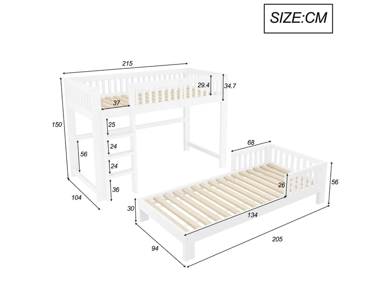  Ensemble lit mezzanine et lit simple enfant 90x200 cm blanc modulable  - Conforama C