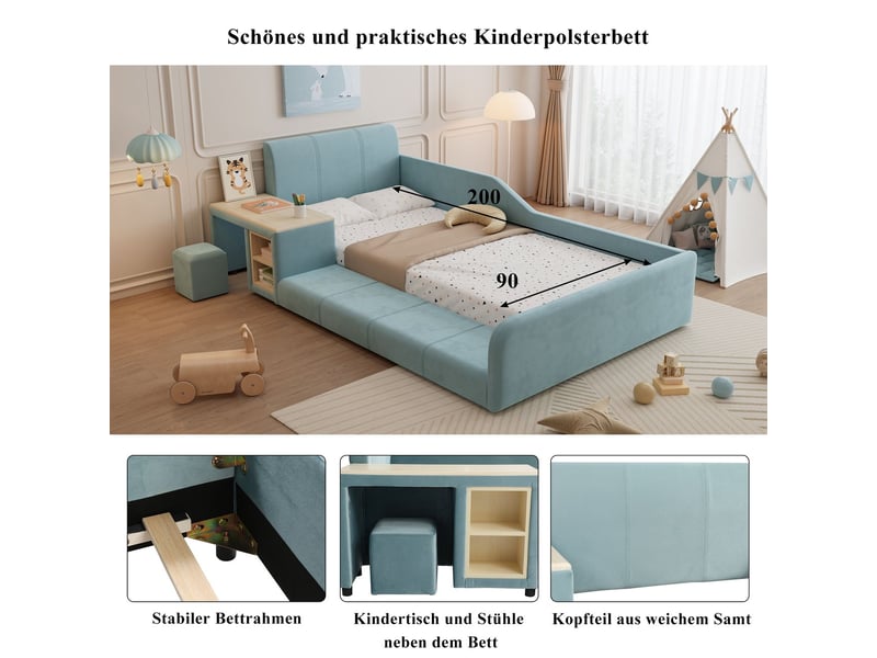  Lit simple 90 x 200 cm tête de lit douce lit rembourré bureau enfant tabouret inclus tablette de rangement cadre en bois velours bleu  - Conforama C