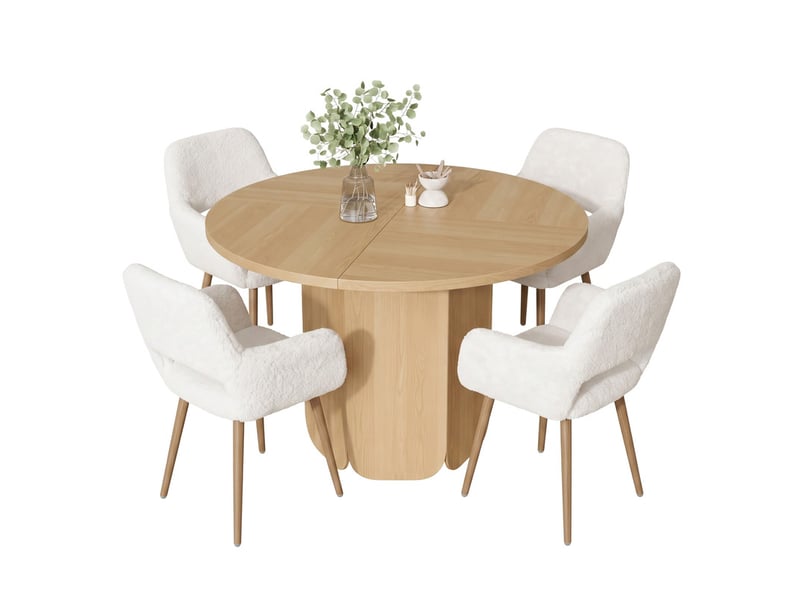  Ensemble table ronde 120x120 cm + 4 chaises mi-siècle en fausse fourrure, pieds acier laqué – style scandinave, couleur chêne  - Conforama A