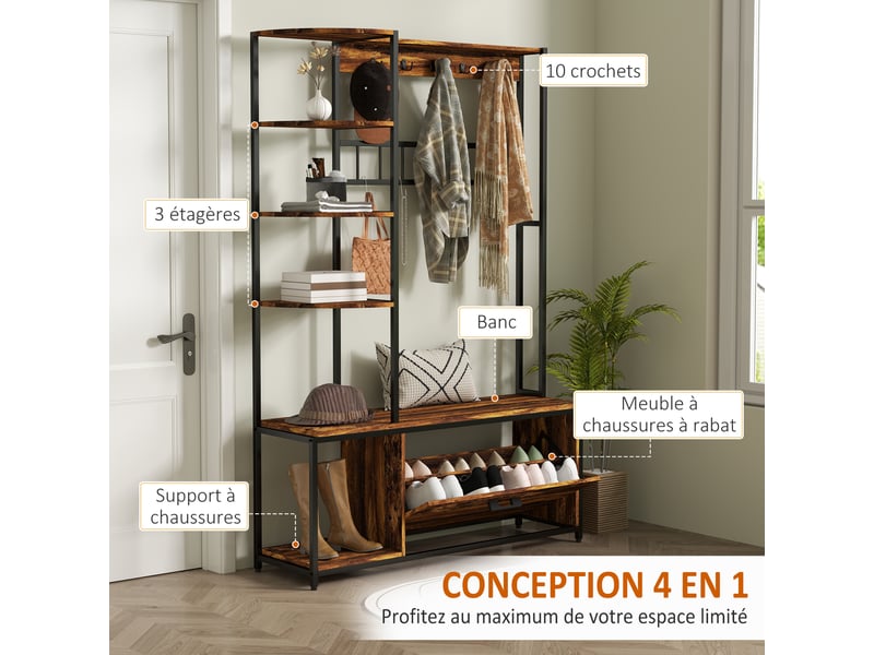 Porte-manteau étagère à chaussures 10 crochets 3 étagères armoire rabattable 2 niveaux marron - Conforama C