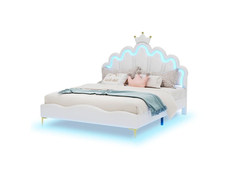 Lit 2 places 140x200 cm blanc avec éclairage led, tête de lit couronne en similicuir - Conforama A