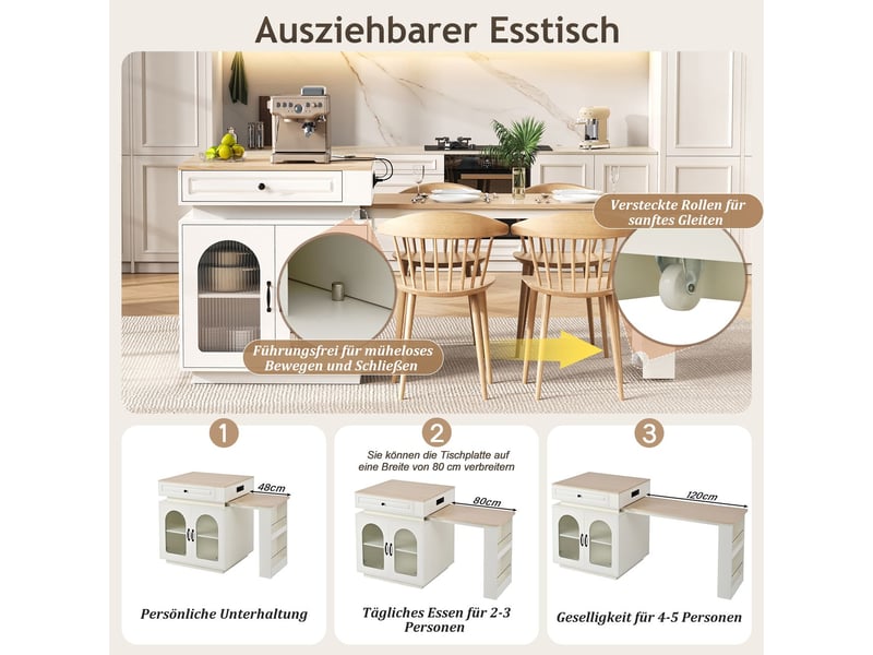 Îlot de cuisine buffet de cuisine à éclairage led roulettes mobiles table à manger extensible blocs multiprises intégrés fonction table haute usage polyvalent finition blanche - Conforama D