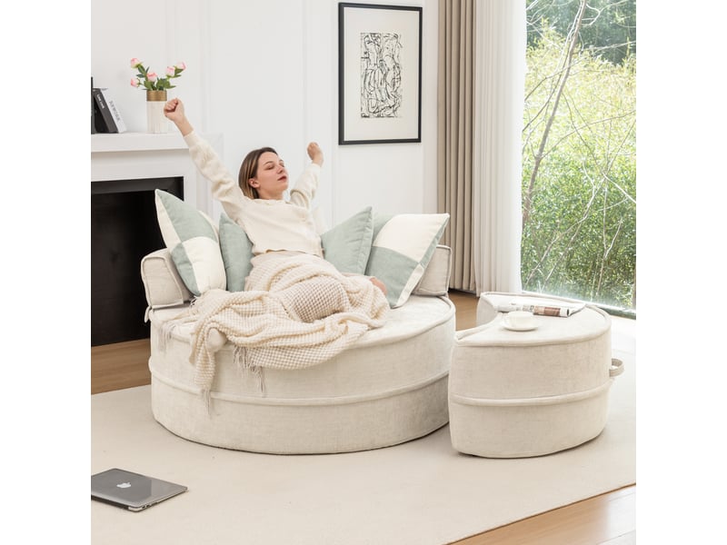 Fauteuil rond beige avec pouf, fauteuil lounge en chenille, 5 coussins, assise mi-ferme pour salon et chambre - Conforama R
