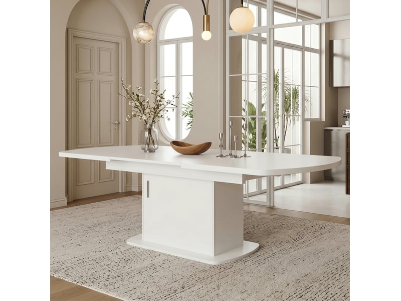  Table à manger ovale extensible 140200x80 cm blanche avec rangement  - Conforama E