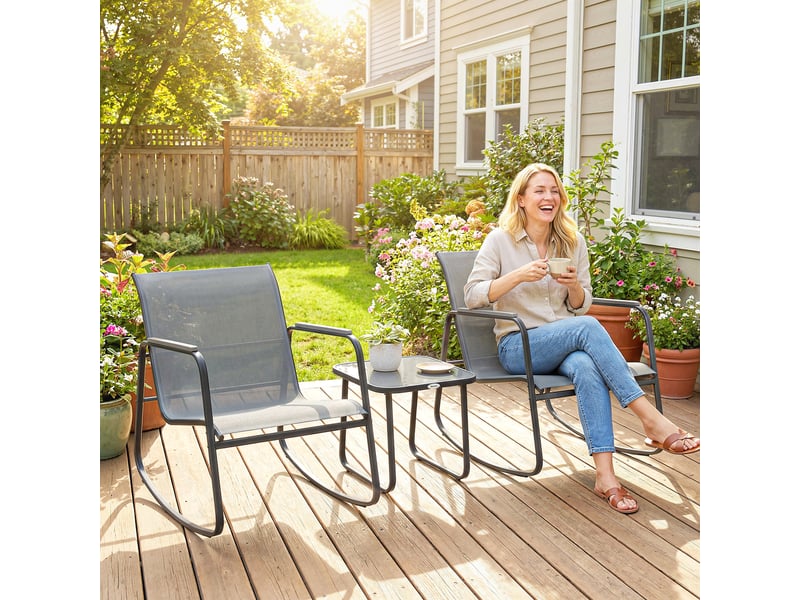  Ensemble de jardin 3 pièces avec 2 fauteuils à bascule, une table basse en verre et une structure en acier pour terrasse, gris  - Conforama C