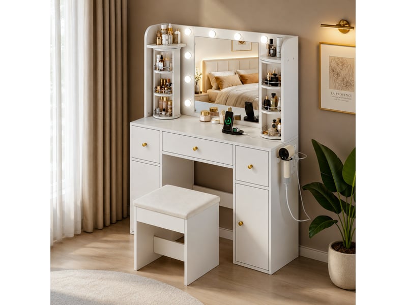  Coiffeuse 115x40x142 cm avec miroir, éclairage led, organiseur bijou rotatif, usb-c, support sèche-cheveux, blanc  - Conforama E
