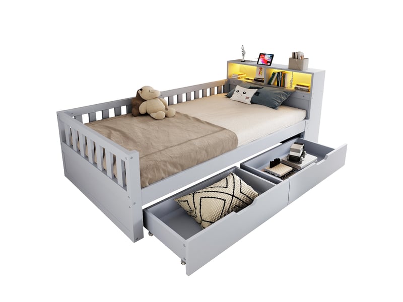  Lit avec rangement 90x200 cm coloris gris led bois massif  - Conforama A