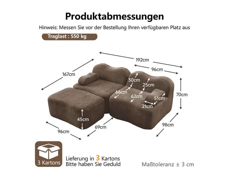  Canapé d'angle modulable 2 places avec pouf en velours marron  - Conforama E