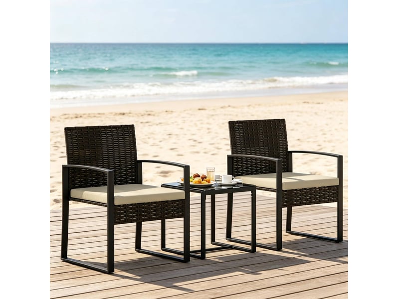  Salon de jardin 2 places avec table et 2 fauteuils, noir marron kaki, rotin pe acier, assises avec coussins  - Conforama B