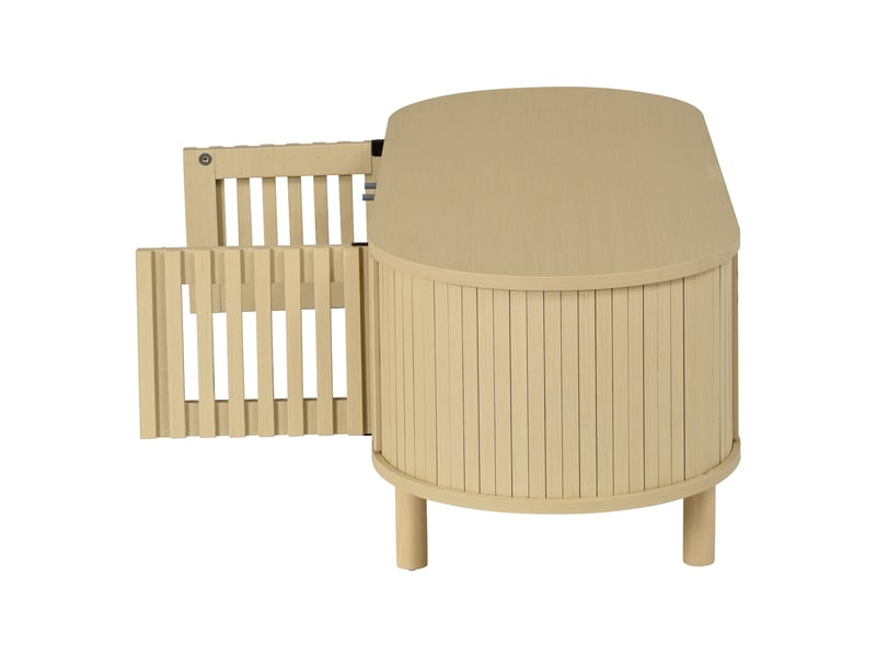  Table basse ovale 100x40x38 cm bois clair, portes à lamelles, porte coulissante et pieds en bois massif Fay Lum - Conforama D