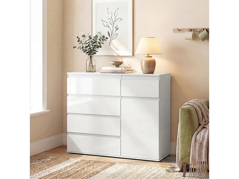  Buffet de salon à 5 tiroirs, étagères réglables, portes à fermeture amortie, 100 x 40 x 80 cm, blanc brillant  - Conforama D