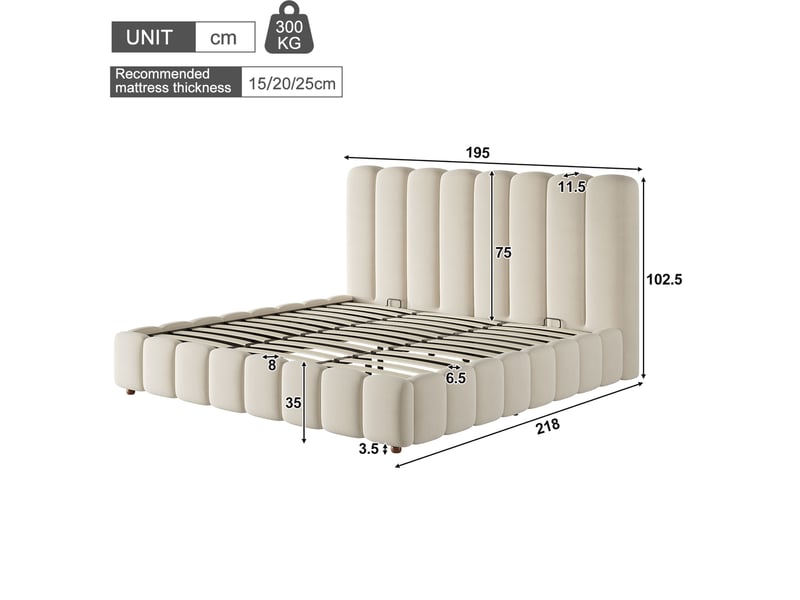  Lit adulte 180x200 cm en velours beige avec coffre hydraulique, tête de lit capitonnée et sommier, sans matelas  - Conforama C
