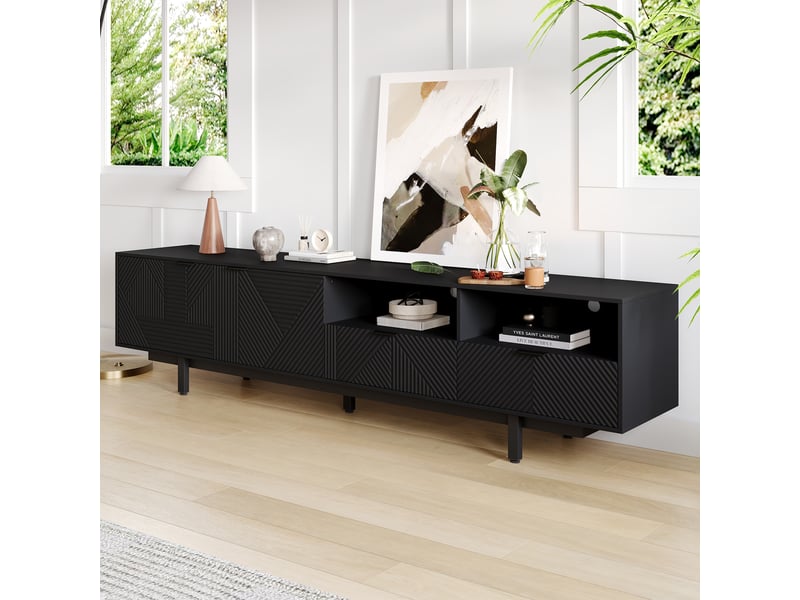  Meuble tv 200 cm noir pour tv jusqu'à 90 pouces - rangement portes et passe-câbles - design bohème moderne  - Conforama D