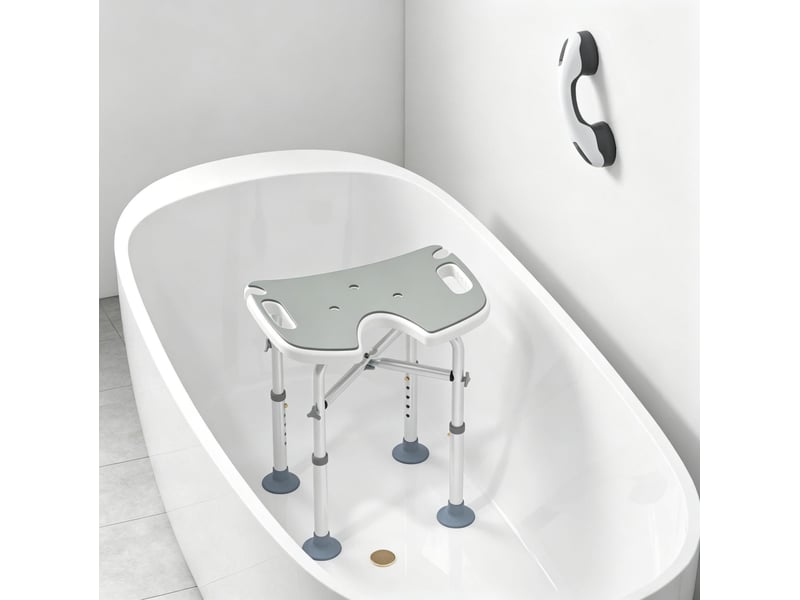  Tabouret de douche réglable 48,5 x 33 cm – gris – hauteur 39-51,5 cm, ventouses et barre d'appui incluse  - Conforama C