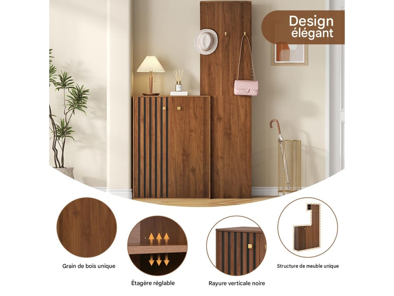  Vestiaire d'entrée avec meuble à chaussures mdf coloris noyer 115x38.5x191.5 cm GL4034N - Conforama E