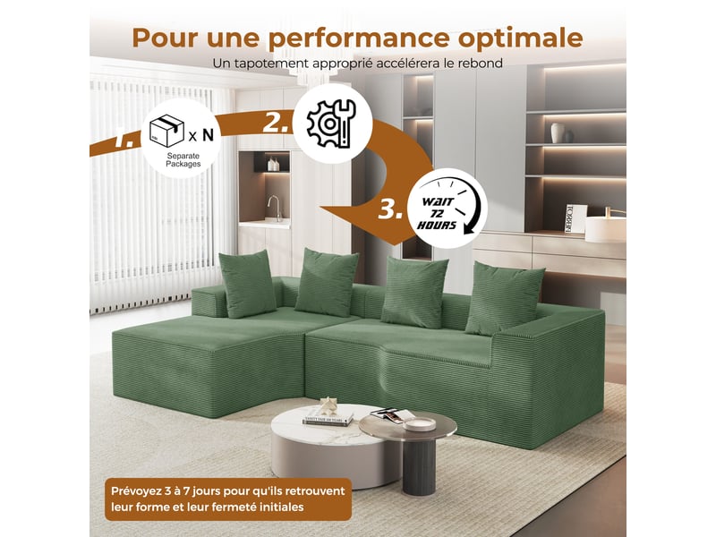  Canapé d'angle gauche modulaire 3 places compressé en velours côtelé,mousse haute densité,sans assemblage,canapé de salon,270x152x59cm,vert 270x152x59CM - Conforama W