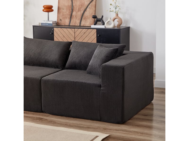  Canapé d’angle modulable 4 places en velours côtelé, assise basse sans montage, 264 × 167 × 71 cm, noir  - Conforama E