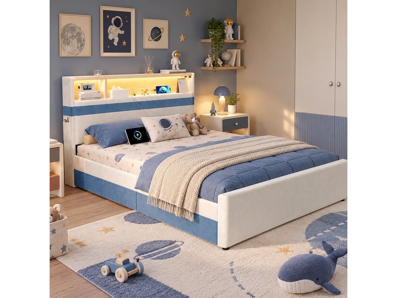  Lit 2 places blanc et bleu - lit 140x200 cm en velours avec 4 tiroirs, led et port de charge  - Conforama E