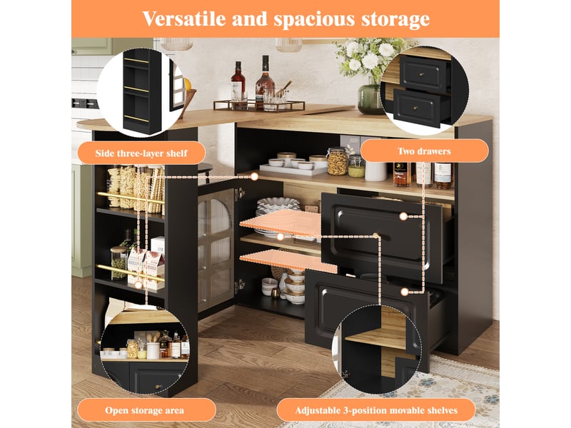 Table de bar pivotante à 360° et extensible, avec 2 tiroirs et porte vitrée, en mdf noir - Conforama E