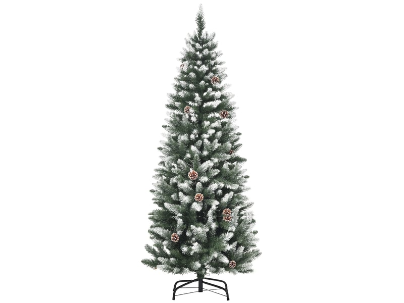  Sapin de noël vert et blanc effet enneigé de 150 cm avec 464 pointes et 28 pommes de pin (plastique et métal)  - Conforama A