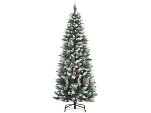 Sapin de noël vert et blanc effet enneigé de 150 cm avec 464 pointes et 28 pommes de pin (plastique et métal)