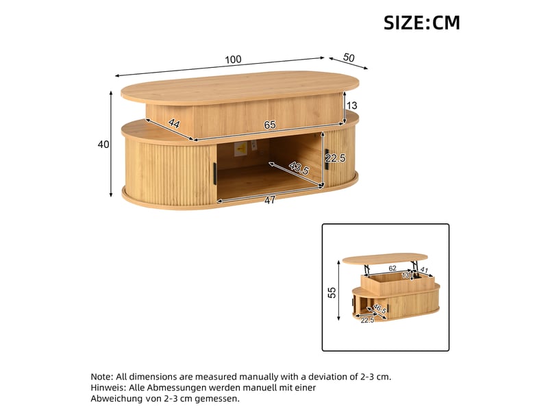  Table basse ovale relevable 100x50x40cm, hauteur réglable jusqu'à 55cm, grand rangement à volets et mécanisme hydraulique, bois evarich - Conforama C