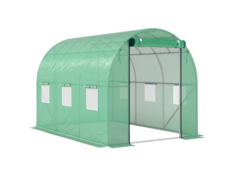  Serre tunnel de jardin 300x200x195 cm – verte – 6 fenêtres enroulables, porte à enrouler et ancrages au sol  - Conforama A