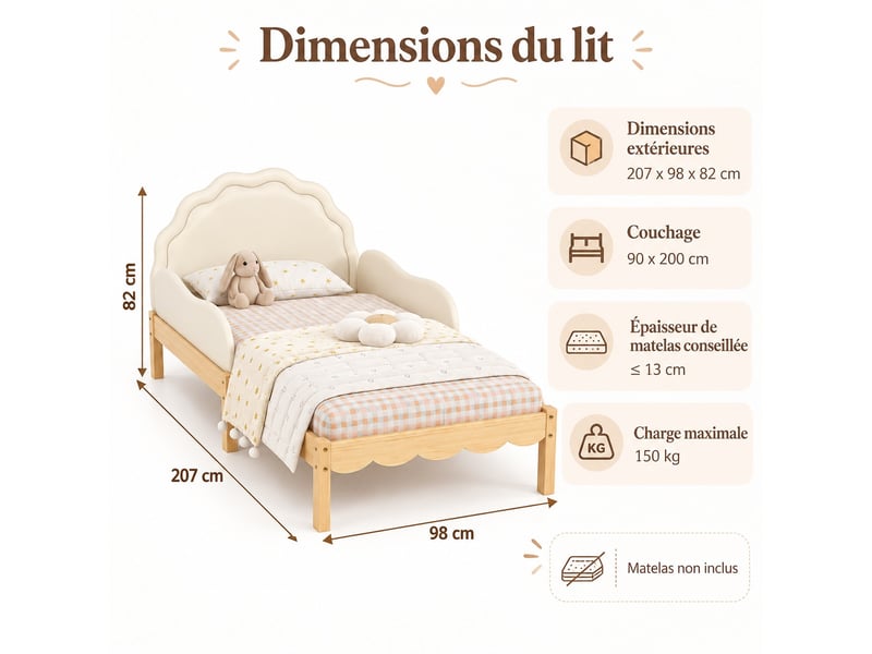  Lit enfant rembourré 90 x 200 cm avec tête de lit en pu, barrières latérales, sommier à lattes, beige et naturel  - Conforama C