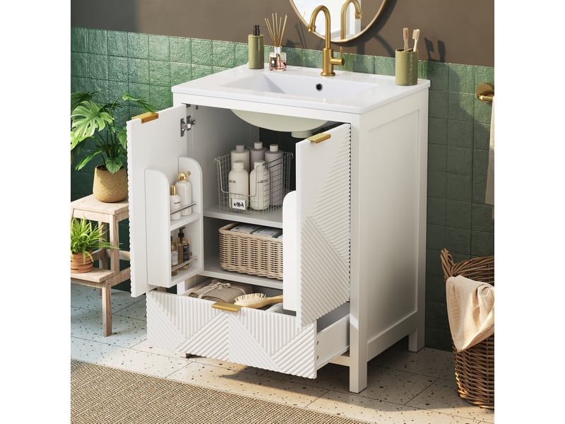 Meublede salle de bain 61 cm avec vasque céramique,61 x 47 x 87 cm,blanc,panneau mdf,porte double et tiroir à fermeture amortie - Conforama B