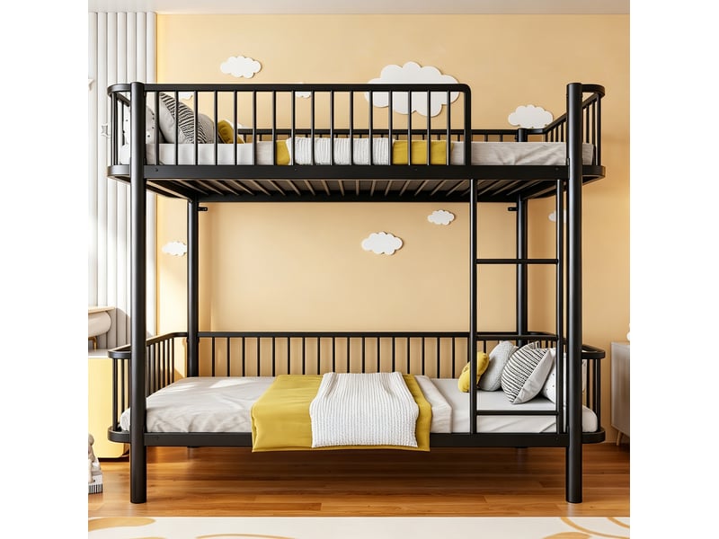  Lit superposé enfant 90x200 cm noir métal, dimensions 208,6x97,8x167,2 cm, barrières de sécurité  - Conforama B