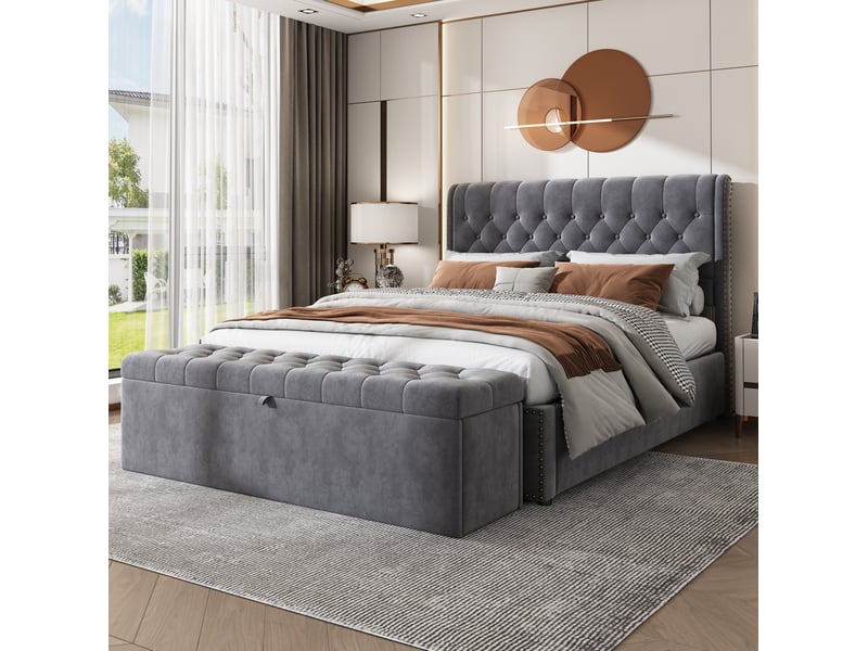 Banc coffre 138x41x42 cm en velours gris  - Conforama E