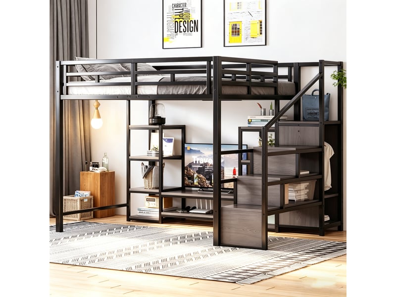  Lit mezzanine 140x200 cm - support tv - prise électrique - échelle avec rangements - métal et bois - noir  - Conforama E