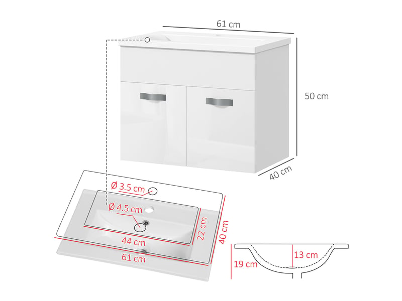  Meuble vasque suspendu avec lavabo, 2 portes amorties, blanc brillant, 61 x 40 x 50 cm  - Conforama E