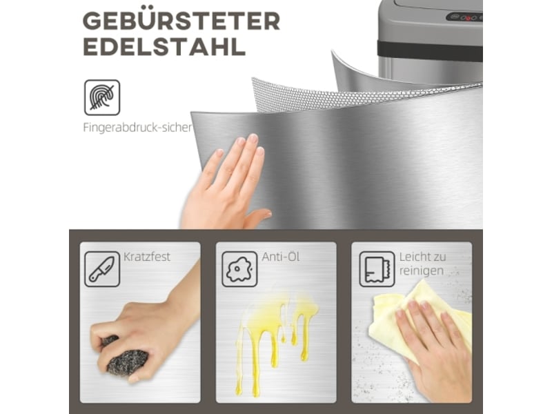  Poubelle à capteur 48 l en inox, ouverture automatique, fermeture douce, argentée, cuisine et bureau  - Conforama E