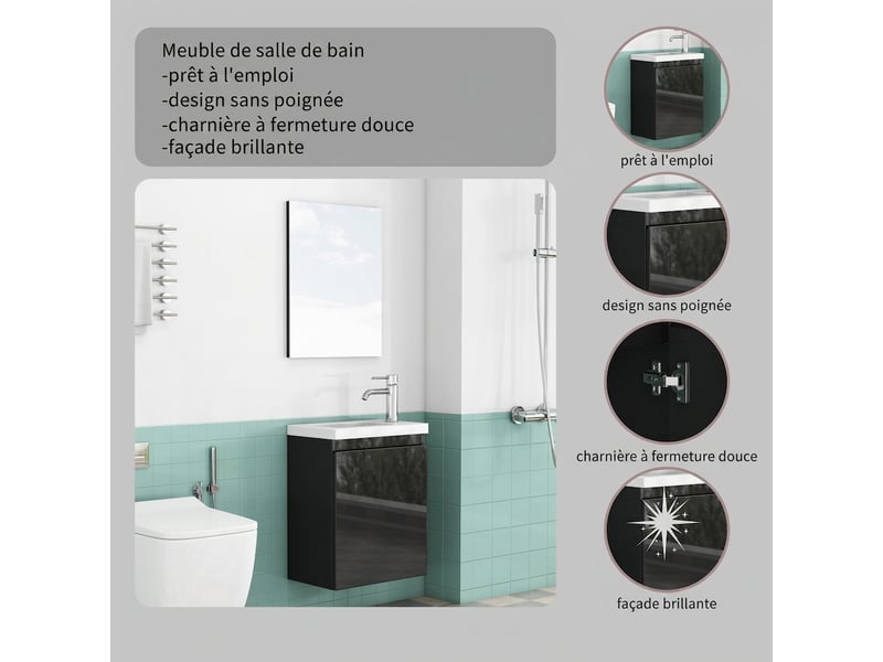  Meuble vasque suspendu 40 cm avec lavabo céramique et miroir noir brillant gain de place  - Conforama R