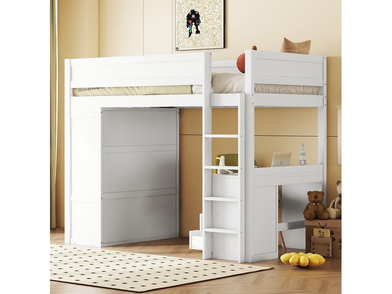  Lit mezzanine enfant 90x200 cm avec bureau et armoire bois et mdf blanc sans matelas  - Conforama C