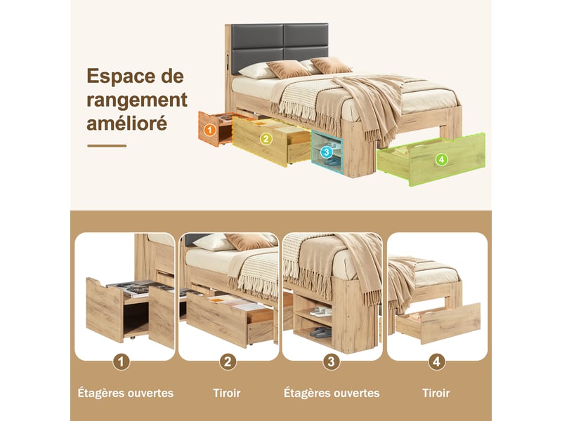  Lit simple enfant 90 x 200 cm avec usb, tiroirs et grand rangement, tête de lit rembourrée en pu, sans matelas, mdf, naturel OMNIGLINT TRADING LTD - Conforama E